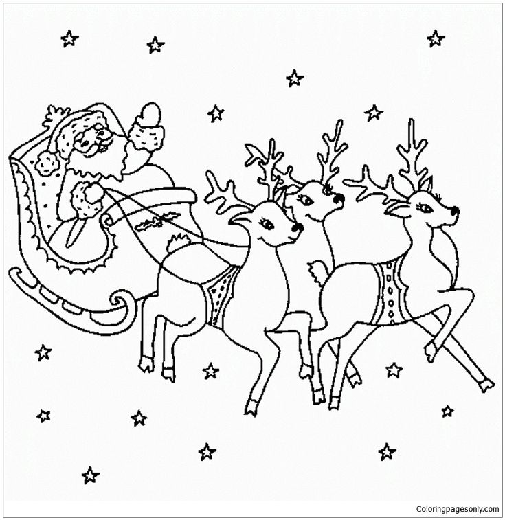Santa Flying With Reindeer Coloring ...